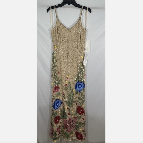 NWT $598 Mac Duggal [ 8 ] Floral Embellished Spaghetti Strap Gown in Nude #G1458 - Picture 6 of 13